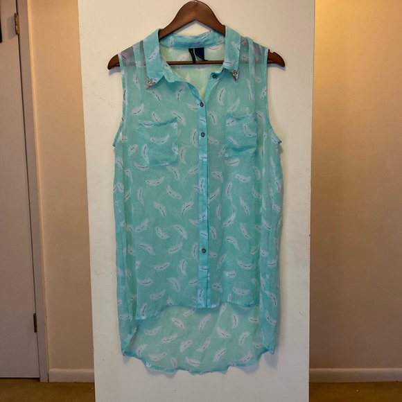 Bisou Bisou High Low Sheer Button Tank Top Collar Tips Turquoise Size Large - Picture 1 of 7